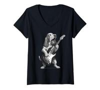 Donna Basset Hound suonare la chitarra musica rock amante dei cani Maglietta con Collo a V
