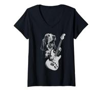 Donna Basset Hound suonare la chitarra musica rock amante dei cani Maglietta con Collo a V