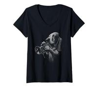 Donna Basset Hound Suonare Tromba Jazz Music Dog Lover Maglietta con Collo a V