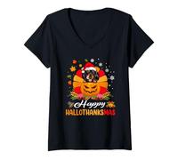 Donna Bassotto Cane Hallothanksmas Halloween Autunno Natale Maglietta con Collo a V