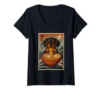 Donna Bassotto Mangiare Ramen Kawaii Anime Pet Weiner Foodie Art Maglietta con Collo a V