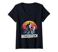 Donna Bassquatch! Funny Bass Fishing Sasquatch Retro Anni '80 Fisherman Maglietta con Collo a V