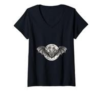 Donna Bat And Full Moon Halloween Gothic Design Maglietta con Collo a V