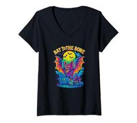 Donna Bat to The Bone Retro Halloween Bat Artwork Maglietta con Collo a V