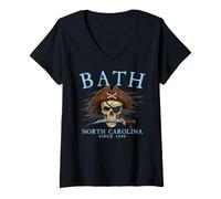 Donna Bath North Carolina Pirate Skull Since 1690 Ciano Maglietta con Collo a V