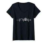 Donna Battito Cardiaco Peace ECG Curva Pace Icona Maglietta con Collo a V