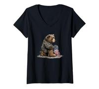 Donna Battlefield Bear con Bandiera USA e Scarpe Militari simbolico Maglietta con Collo a V