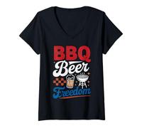 Donna BBQ Beer Freedom | Funny Barbecue Grill Patriotic Maglietta con Collo a V