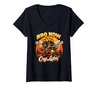 Donna BBQ Now Cry Later Funny Mosquito Summer Camping Maglietta con Collo a V