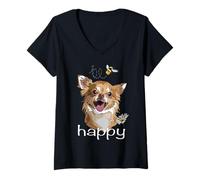 Donna Be Happy - Chihuahua a Pelo Lungo con Chihuahua Maglietta con Collo a V