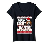 Donna Be Nice To Me I Know Santa Basset Hound Dog Christmas Xmas Maglietta con Collo a V