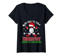 Donna Be Nice To The Therapist Santa Is Watching Christmas Xmas Maglietta con Collo a V