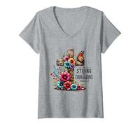 Donna Be Strong Cristiano Croce Fiori Versi Bibbia Maglietta con Collo a V