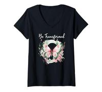 Donna Be Transformed Butterfly Christian Bible Verse Romans 12:2 Maglietta con Collo a V