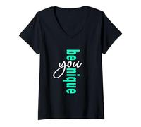 Donna Be-You-Nique Light Teal Aqua Grafica Verde Acqua Chiaro Maglietta con Collo a V