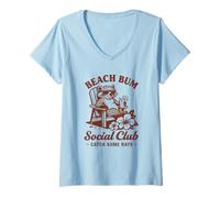 Donna Beach Bum Social Club Catturare Alcuni Raggi Selvaggio Procione Estate Maglietta con Collo a V