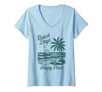 Donna Beach Days Happy Place Retro Tropical Tramonto Palma Oceano Maglietta con Collo a V