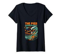 Donna Beach Life The Pier Huntington Beach Vintage Uomo Surfs Up Maglietta con Collo a V