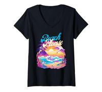 Donna Beach Please Tramonto Oceano Tropicale Scena Grafica Maglietta con Collo a V
