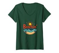 Donna Beachin' Summer Vibes Paradiso Tropicale Maglietta con Collo a V, Verde Foresta, M