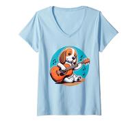 Donna Beagle Che Suona la Chitarra Cartone Maglietta con Collo a V