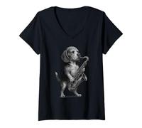 Donna Beagle che suona sassofono musica jazz amante dei cani Maglietta con Collo a V