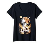 Donna Beagle Guardando la Luna Meme 90s Animal Graphic Maglietta con Collo a V