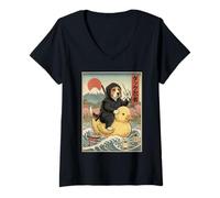 Donna Beagle Ninja Giappone Vintage Giapponese Ukiyo-e Art Maglietta con Collo a V