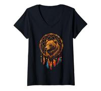Donna Bear Dreamcatcher Native American Indian Feathers Arts Maglietta con Collo a V