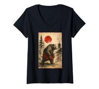 Donna Bear Japanese Samurai Warrior Vintage Graphic Ukiyo-e Art Maglietta con Collo a V