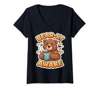 Donna Bear-ly Sveglio Divertente Orso Stanco Bere caffè Mattina Sonno Maglietta con Collo a V