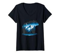 Donna Bear Silhouette Night Landscape Montagna Natura Fauna Bear Maglietta con Collo a V