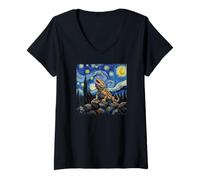 Donna Bearded Dragons Prehistoric Starry Night Van Gogh Style Maglietta con Collo a V