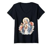 Donna Beata Madre Maria Madre di Gesù Rose Nostra Signora Cattolica Maglietta con Collo a V