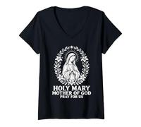 Donna Beata Maria Preghiera Floreale Devozione Cattolica Maglietta con Collo a V
