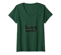 Donna Beautifully Imperfect Self Love Citazione Maglietta con Collo a V, Verde Foresta, S