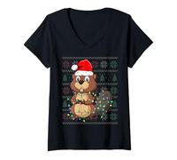 Donna Beaver Wearing Santa Hat Xmas Lights Beaver Christmas Maglietta con Collo a V