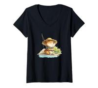 Donna Bel Cane da Pesca in Stile Giapponese Maglietta con Collo a V