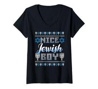 Donna Bel Ragazzo ebreo Divertente Hanukkah Menorah Brutto Natale Maglietta con Collo a V