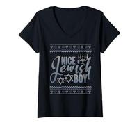 Donna Bel Ragazzo ebreo Menorah Brutto Natale Felice Hanukkah Maglietta con Collo a V