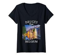 Donna Belgio Heritage Iconico Canale di Bruges Architettura Medievale Maglietta con Collo a V