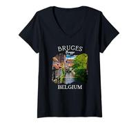 Donna Belgio Heritage Iconico Canale di Bruges Architettura Medievale Maglietta con Collo a V