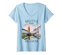 Donna Belgio Heritage Iconico Canale di Bruges Architettura Medievale Maglietta con Collo a V