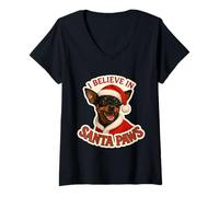 Donna Believe in Santa Paws - Pinscher in Miniatura, Motivo: Buon Natale Maglietta con Collo a V