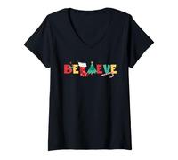 Donna Believe Merry Christmas - Babbo Natale con Renna Maglietta con Collo a V