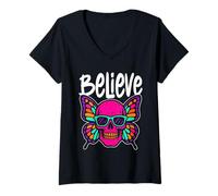 Donna Believe Skull Butterfly - Vintage Colorful Butterfly Lover Maglietta con Collo a V