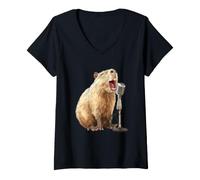 Donna Bella Capibara con Microfono per Gli Amanti del Karaoke e del Canto Maglietta con Collo a V
