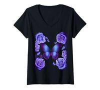Donna Bella farfalla rosa viola Fiori di farfalla floreali Maglietta con Collo a V