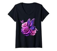 Donna Bella farfalla viola rosa farfalla amanti regali donne Maglietta con Collo a V