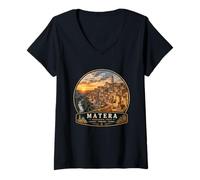 Donna Bella Matera Italia Paesaggio Vecchio e Cittadino Maglietta con Collo a V